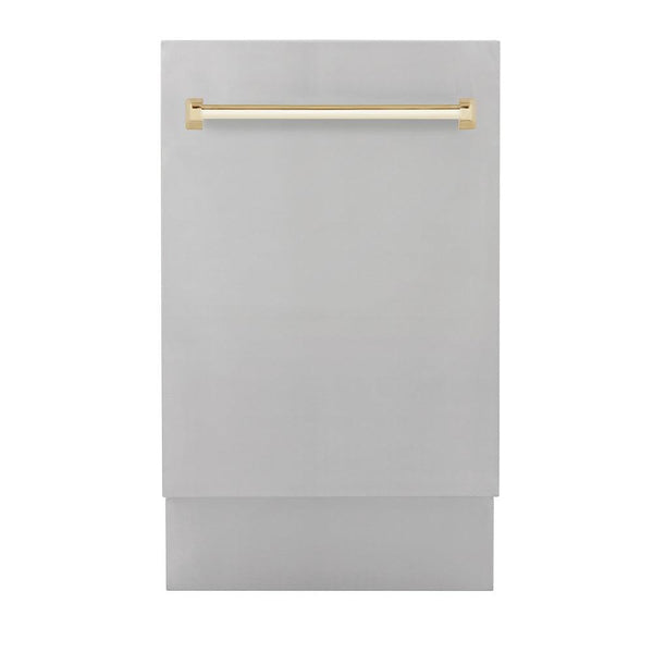 ZLINE Autograph Edition 18 in. Compact 3rd Rack Top Control Dishwasher in Stainless Steel with Polished Gold Handle, 51dBa (DWVZ-304-18-G) front, closed.