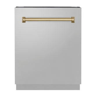 ZLINE Autograph Edition 24" Tallac Series 3rd Rack Top Control Built-In Tall Tub Dishwasher in Stainless Steel with Champagne Bronze Handle, 51dBa (DWVZ-304-24-CB)