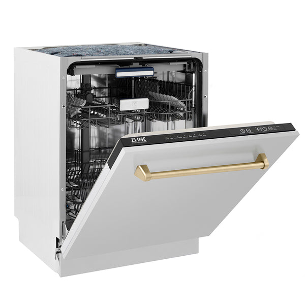 ZLINE Autograph Edition 24 in. Tallac Series 3rd Rack Top Control Built-In Tall Tub Dishwasher in Stainless Steel with Champagne Bronze Handle, 51dBa (DWVZ-304-24-CB)