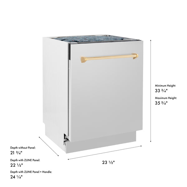 ZLINE Autograph Edition 24 in. Tallac Series 3rd Rack Top Control Built-In Tall Tub Dishwasher in Stainless Steel with Polished Gold Handle, 51dBa (DWVZ-304-24-G)