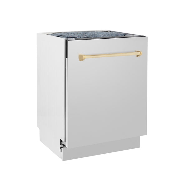 ZLINE Autograph Edition 24 in. Tallac Series 3rd Rack Top Control Built-In Tall Tub Dishwasher in Stainless Steel with Polished Gold Handle, 51dBa (DWVZ-304-24-G)