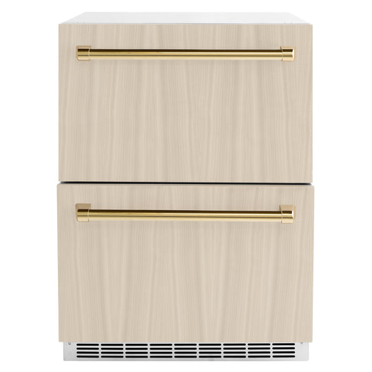 ZLINE Autograph Edition 24 in. Touchstone 168 Can Outdoor-Rated Dual Refrigerator Drawer with Panel-Ready Doors and Polished Gold Handles (RDSPOZ-24-G)