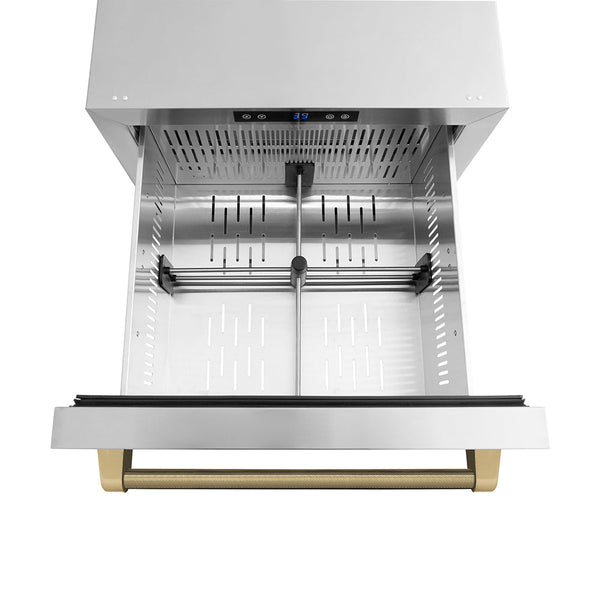 ZLINE Autograph Edition 24 in. Touchstone 168 Can Outdoor-Rated Dual Refrigerator Drawer with Stainless Steel Doors and Champagne Bronze Helix Handles (RDSOZ-ST-24-KCB)