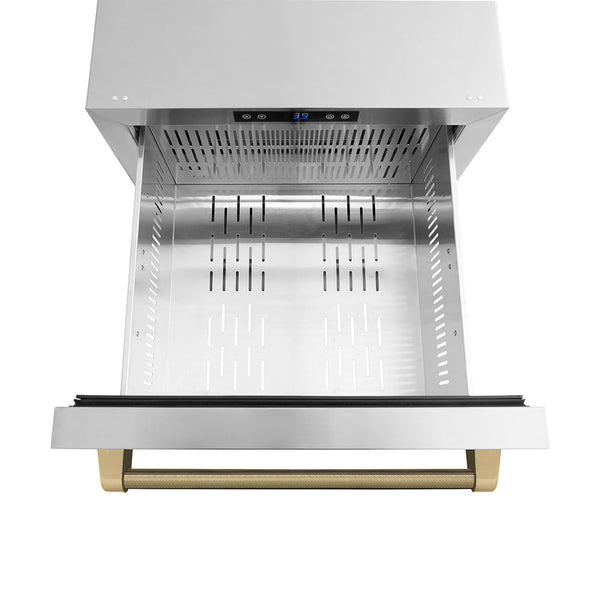 ZLINE Autograph Edition 24 in. Touchstone 168 Can Outdoor-Rated Dual Refrigerator Drawer with Stainless Steel Doors and Champagne Bronze Helix Handles (RDSOZ-ST-24-KCB)