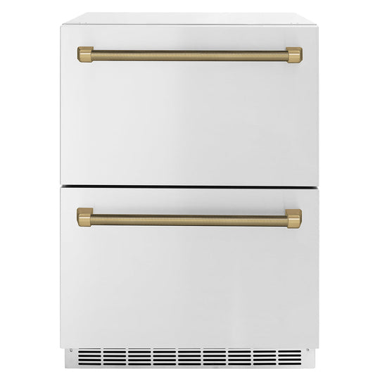 ZLINE Autograph Edition 24 in. Touchstone 168 Can Outdoor-Rated Dual Refrigerator Drawer with Stainless Steel Doors and Champagne Bronze Helix Handles (RDSOZ-ST-24-KCB)