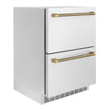 ZLINE Autograph Edition 24 in. Touchstone 168 Can Outdoor-Rated Dual Refrigerator Drawer with Stainless Steel Doors and Champagne Bronze Helix Handles (RDSOZ-ST-24-KCB)
