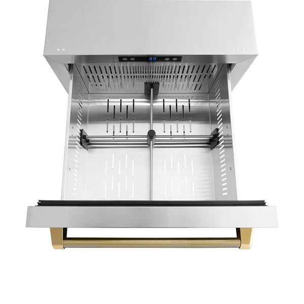 ZLINE Autograph Edition 24 in. Touchstone 168 Can Outdoor-Rated Dual Refrigerator Drawer with Stainless Steel Doors and Polished Gold Helix Handles (RDSOZ-ST-24-KG)