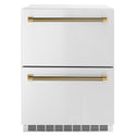 ZLINE Autograph Edition 24 in. Touchstone 168 Can Outdoor-Rated Dual Refrigerator Drawer with Stainless Steel Doors and Polished Gold Helix Handles (RDSOZ-ST-24-KG)
