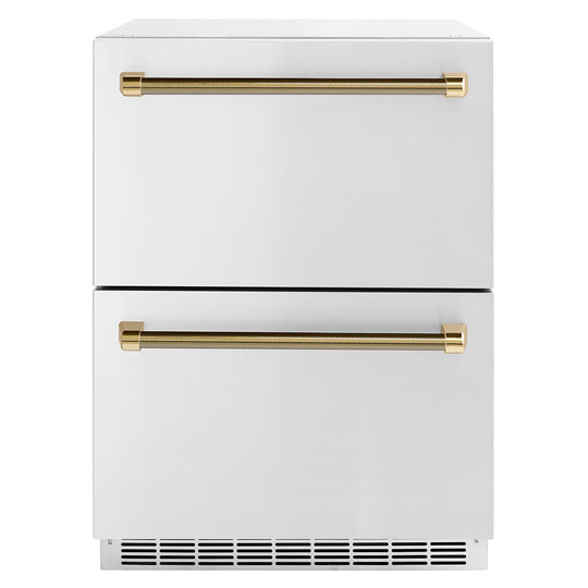 ZLINE Autograph Edition 24 in. Touchstone 168 Can Outdoor-Rated Dual Refrigerator Drawer with Stainless Steel Doors and Polished Gold Helix Handles (RDSOZ-ST-24-KG)