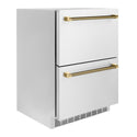 ZLINE Autograph Edition 24 in. Touchstone 168 Can Outdoor-Rated Dual Refrigerator Drawer with Stainless Steel Doors and Polished Gold Helix Handles (RDSOZ-ST-24-KG)