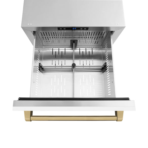ZLINE Autograph Edition 24 in. Touchstone 168 Can Outdoor-Rated Dual Refrigerator Drawer with White Matte Doors and Champagne Bronze Handles (RDSOZ-WM-24-CB)