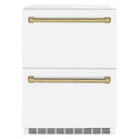ZLINE Autograph Edition 24 in. Touchstone 168 Can Outdoor-Rated Dual Refrigerator Drawer with White Matte Doors and Champagne Bronze Handles (RDSOZ-WM-24-CB)