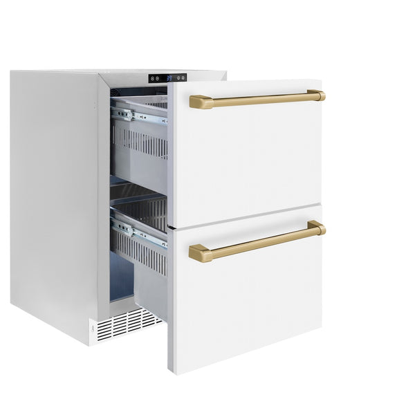 ZLINE Autograph Edition 24 in. Touchstone 168 Can Outdoor-Rated Dual Refrigerator Drawer with White Matte Doors and Champagne Bronze Handles (RDSOZ-WM-24-CB)