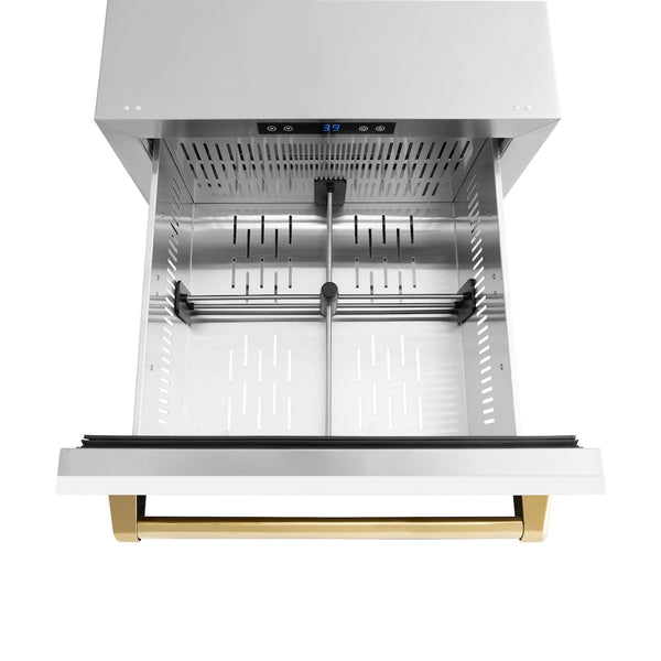 ZLINE Autograph Edition 24 in. Touchstone 168 Can Outdoor-Rated Dual Refrigerator Drawer with White Matte Doors and Polished Gold Handles (RDSOZ-WM-24-G)