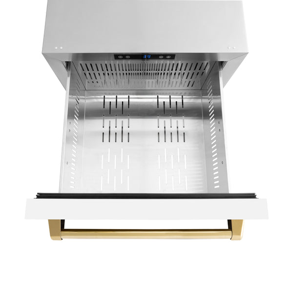 ZLINE Autograph Edition 24 in. Touchstone 168 Can Outdoor-Rated Dual Refrigerator Drawer with White Matte Doors and Polished Gold Handles (RDSOZ-WM-24-G)