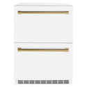 ZLINE Autograph Edition 24 in. Touchstone 168 Can Outdoor-Rated Dual Refrigerator Drawer with White Matte Doors and Polished Gold Handles (RDSOZ-WM-24-G)