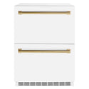 ZLINE Autograph Edition 24 in. Touchstone 168 Can Outdoor-Rated Dual Refrigerator Drawer with White Matte Doors and Polished Gold Handles (RDSOZ-WM-24-G)