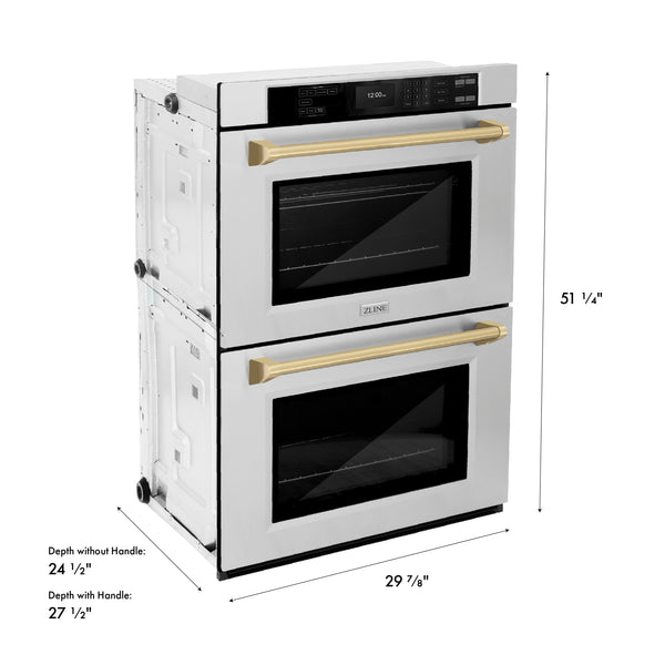 ZLINE Autograph Edition 30 in. Professional True Convection Double Wall Oven with Air Fry and Self Clean in Stainless Steel with Champagne Bronze Handles (WADZ-30-CB)
