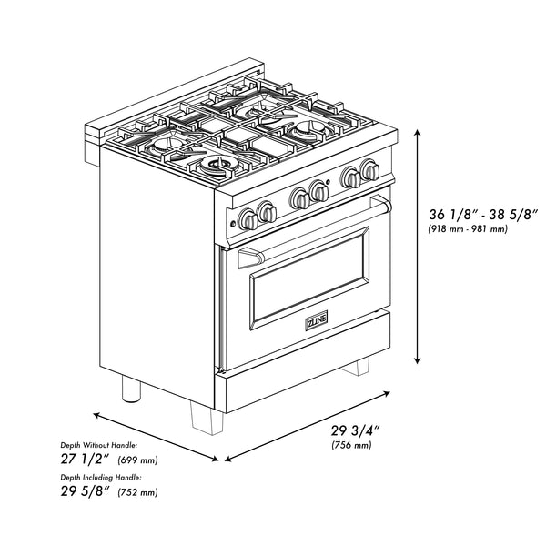 ZLINE Autograph Edition 30 in. 4.0 cu. ft. Legacy Dual Fuel Range with 4 Burner Gas Cooktop and Electric Convection Oven in Stainless Steel with White Matte Door and Polished Gold Accents (RAZ-WM-30-G)