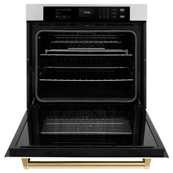 ZLINE 30 in. Autograph Edition Professional True Convection Single Wall Oven with Air Fry and Self Clean in Stainless Steel with White Matte Door and Polished Gold Handle (WASZ-WM-30-G)