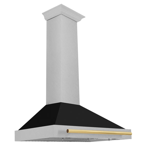 ZLINE Autograph Edition 36 in. Convertible Satin Stainless Steel Wall Mount Range Hood with Black Matte Shell and Polished Gold Handle (KB4SNZ-BLM36-G)