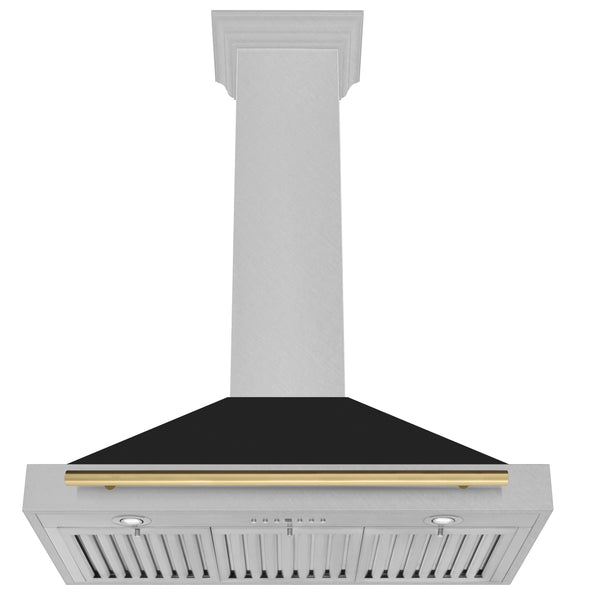 ZLINE Autograph Edition 48 in. Convertible Satin Stainless Steel Wall Mount Range Hood with Black Matte Shell and Polished Gold Handle (KB4SNZ-BLM48-G)