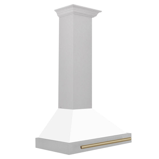 ZLINE Autograph Edition 30 in. Convertible Satin Stainless Steel Wall Mount Range Hood with White Matte Shell and Champagne Bronze Handle (KB4SNZ-WM30-CB)