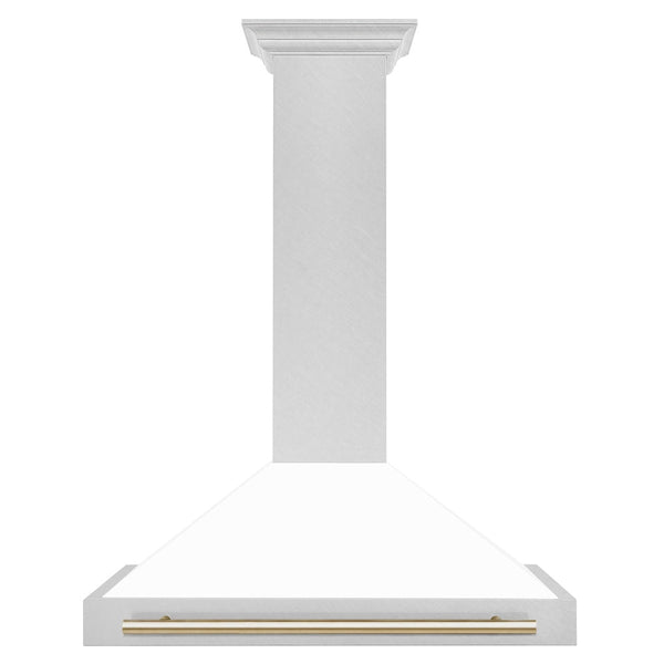ZLINE 36 in. Autograph Edition Convertible Fingerprint Resistant Satin Stainless Steel Range Hood with White Matte Shell and Polished Gold Handle (KB4SNZ-WM36-G)