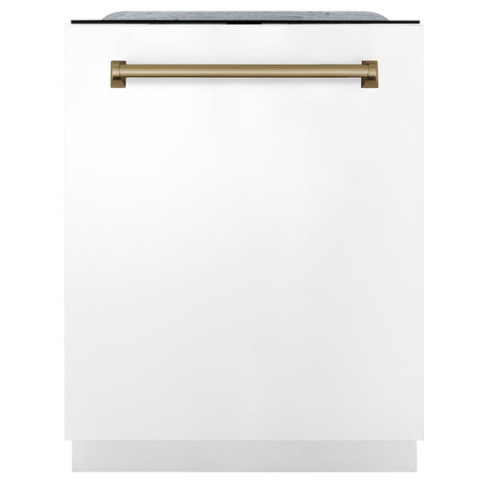 ZLINE Autograph Edition 24" Monument Series 3rd Rack Top Touch Control Tall Tub Dishwasher in White Matte with Champagne Bronze Handle, 45dBa (DWMTZ-WM-24-CB)