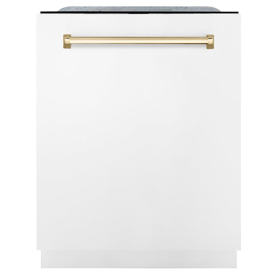 ZLINE Autograph Edition 24" Monument Series 3rd Rack Top Touch Control Tall Tub Dishwasher in White Matte with Polished Gold Handle, 45dBa (DWMTZ-WM-24-G)