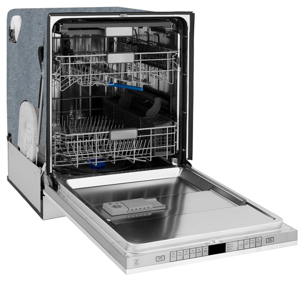 ZLINE Autograph Edition 24" Monument Series 3rd Rack Top Control Built-In Tall Tub Dishwasher in White Matte with Matte Black Handle, 45dBa (DWMTZ-WM-24-MB)