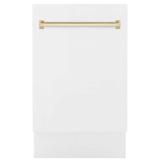 ZLINE Autograph Edition 18” Tallac Series 3rd Rack Top Control Built-In Dishwasher in White Matte with Polished Gold Handle, 51dBa (DWVZ-WM-18-G)