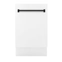 ZLINE Autograph Edition 18 in. Compact 3rd Rack Top Control Dishwasher in White Matte with Matte Black Accent Handle, 51dBa (DWVZ-WM-18-MB) front, closed.