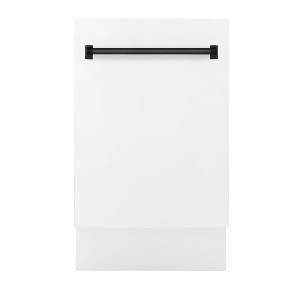 ZLINE Autograph Edition 18 in. Compact 3rd Rack Top Control Dishwasher in White Matte with Matte Black Accent Handle, 51dBa (DWVZ-WM-18-MB) front, closed.