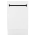 ZLINE Autograph Edition 18 in. Compact 3rd Rack Top Control Dishwasher in White Matte with Matte Black Accent Handle, 51dBa (DWVZ-WM-18-MB) front, closed.