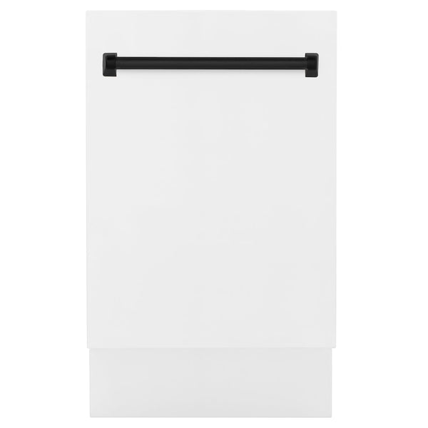 ZLINE Autograph Edition 18 in. Compact 3rd Rack Top Control Dishwasher in White Matte with Matte Black Accent Handle, 51dBa (DWVZ-WM-18-MB) front, closed.