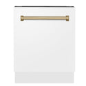 ZLINE Autograph Edition 24 in. 3rd Rack Top Control Tall Tub Dishwasher in White Matte with Champagne Bronze Accent Handle, 51dBa (DWVZ-WM-24-CB) front, closed.