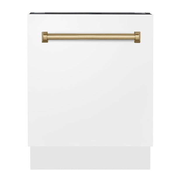 ZLINE Autograph Edition 24 in. 3rd Rack Top Control Tall Tub Dishwasher in White Matte with Champagne Bronze Accent Handle, 51dBa (DWVZ-WM-24-CB) front, closed.