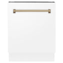 ZLINE Autograph Edition 24 in. 3rd Rack Top Control Tall Tub Dishwasher in White Matte with Champagne Bronze Accent Handle, 51dBa (DWVZ-WM-24-CB) front, closed.