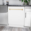 ZLINE Autograph Edition 24 in. 3rd Rack Top Control Tall Tub Dishwasher in White Matte with Polished Gold Accent Handle, 51dBa (DWVZ-WM-24-G) in a kitchen with white cabinets and stone countertops.