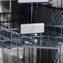 ZLINE Autograph Edition 24 in. 3rd Rack Top Control Tall Tub Dishwasher in White Matte with Polished Gold Accent Handle, 51dBa (DWVZ-WM-24-G) close-up, ZLINE logo on dish rack.