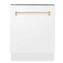 ZLINE Autograph Edition 24 in. 3rd Rack Top Control Tall Tub Dishwasher in White Matte with Polished Gold Accent Handle, 51dBa (DWVZ-WM-24-G) front, closed.