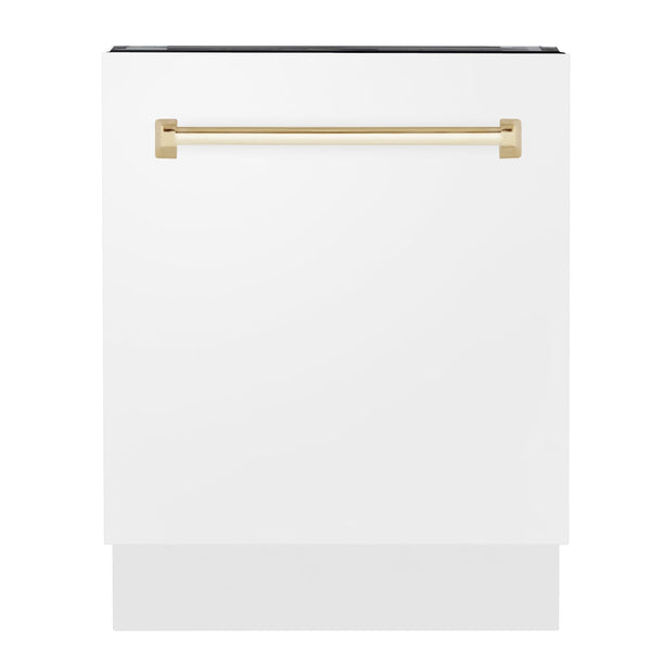 ZLINE Autograph Edition 24 in. 3rd Rack Top Control Tall Tub Dishwasher in White Matte with Polished Gold Accent Handle, 51dBa (DWVZ-WM-24-G) front, closed.