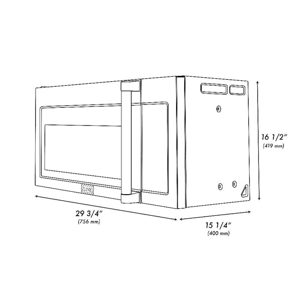 ZLINE 30 in. Black Stainless Steel Over the Range Convection Microwave Oven with Traditional Handle (MWO-OTR-H-BS) dimensional diagram with measurements.