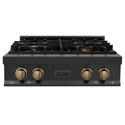 ZLINE Autograph Edition 30 in. Porcelain Rangetop with 4 Gas Burners in Black Stainless Steel and Champagne Bronze Accents (RTBZ-30-CB) front, oven closed.