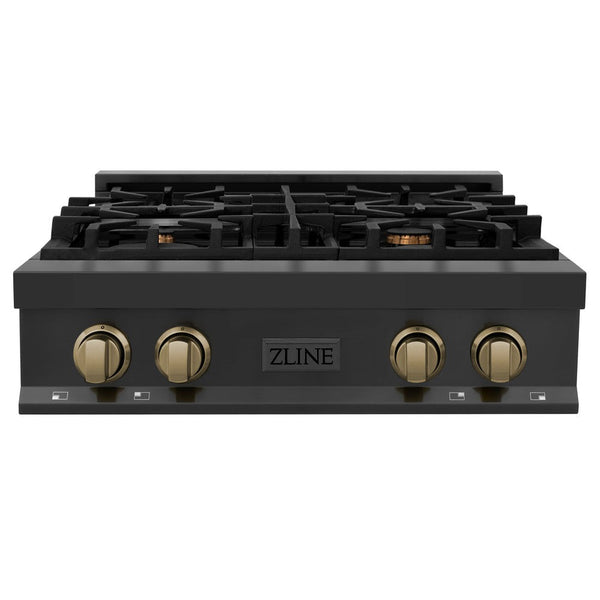 ZLINE Autograph Edition 30 in. Porcelain Rangetop with 4 Gas Burners in Black Stainless Steel and Champagne Bronze Accents (RTBZ-30-CB) front, oven closed.