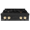 ZLINE Autograph Edition 30 in. Porcelain Rangetop with 4 Gas Burners in Black Stainless Steel and Polished Gold Accents (RTBZ-30-G) front, oven closed.