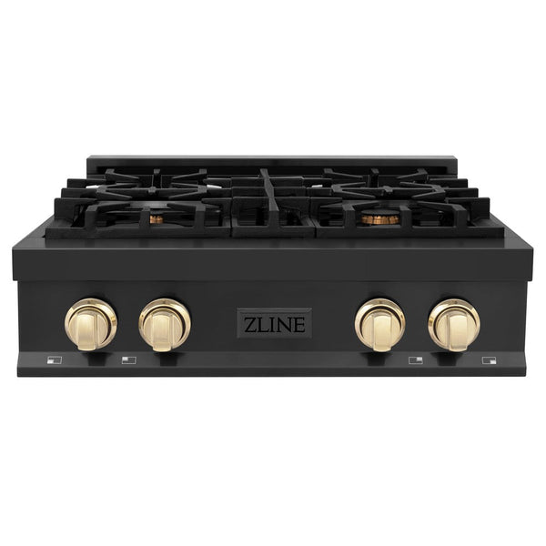 ZLINE Autograph Edition 30 in. Porcelain Rangetop with 4 Gas Burners in Black Stainless Steel and Polished Gold Accents (RTBZ-30-G) front, oven closed.