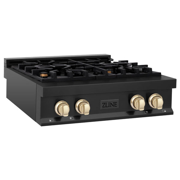 ZLINE Autograph Edition 30 in. Porcelain Rangetop with 4 Gas Burners in Black Stainless Steel and Polished Gold Accents (RTBZ-30-G) side.