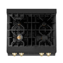 ZLINE Autograph Edition 30 in. Porcelain Rangetop with 4 Gas Burners in Black Stainless Steel and Polished Gold Accents (RTBZ-30-G) from above showing gas burners and cast-iron grates.